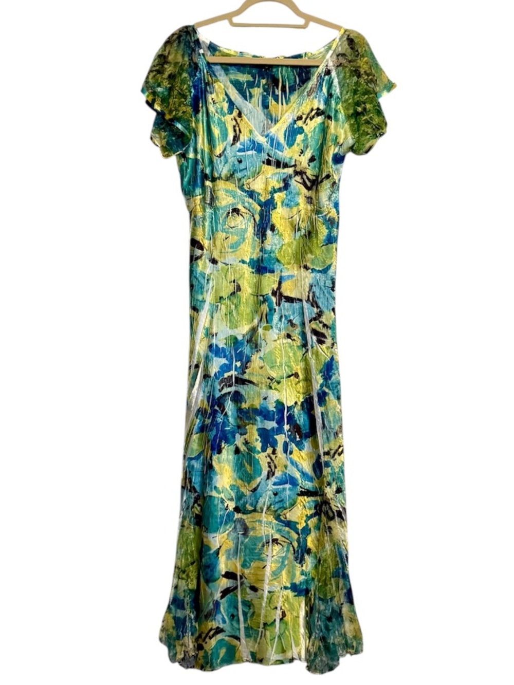 Komarov Blue Green Floral‎ Crinkle Maxi Dress Size Large